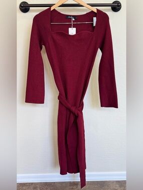 Square-Neck Burgundy Long Sleeve Knit Midi Dress with Tie Waist